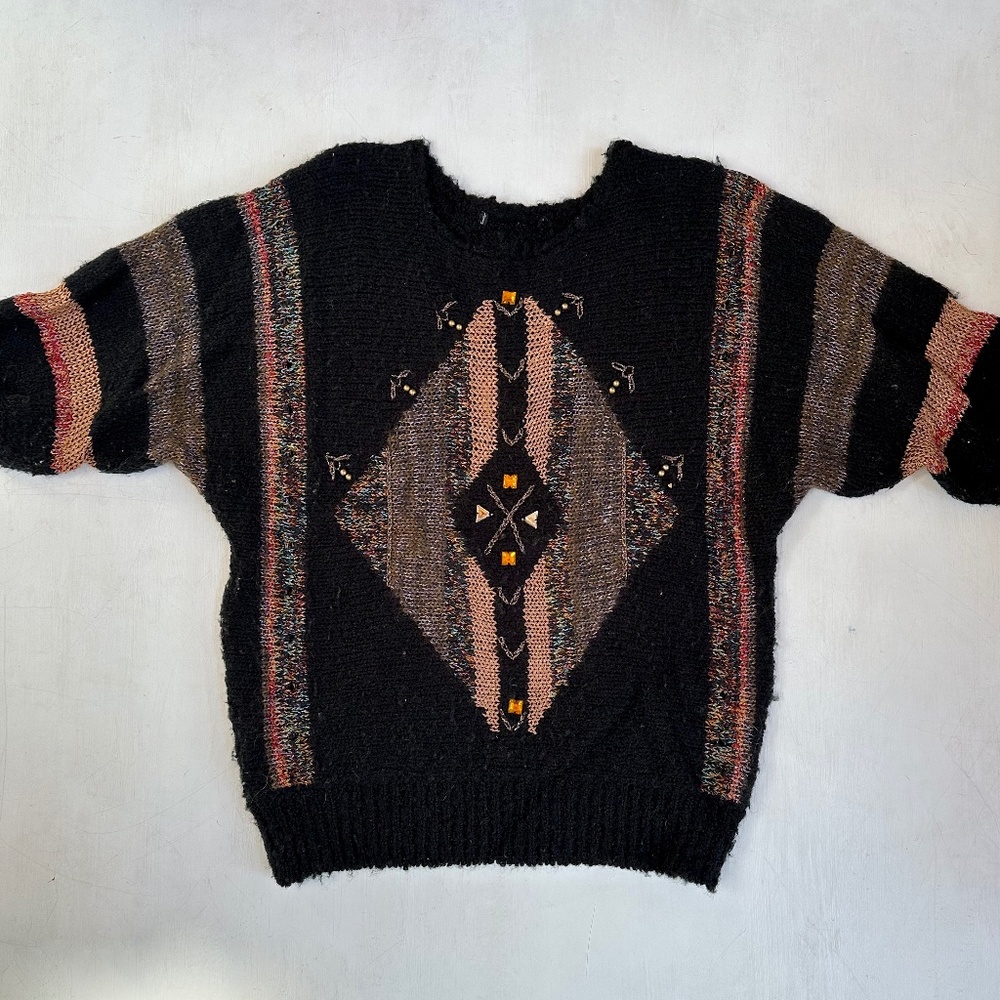 Vintage Aztec Slouchy Knit Short Sleeve Sweater